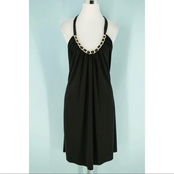 Cache Sz XS Black Slinky Gold Chain Satin Halter Mini Dress Classic USA! - Picture 1 of 8
